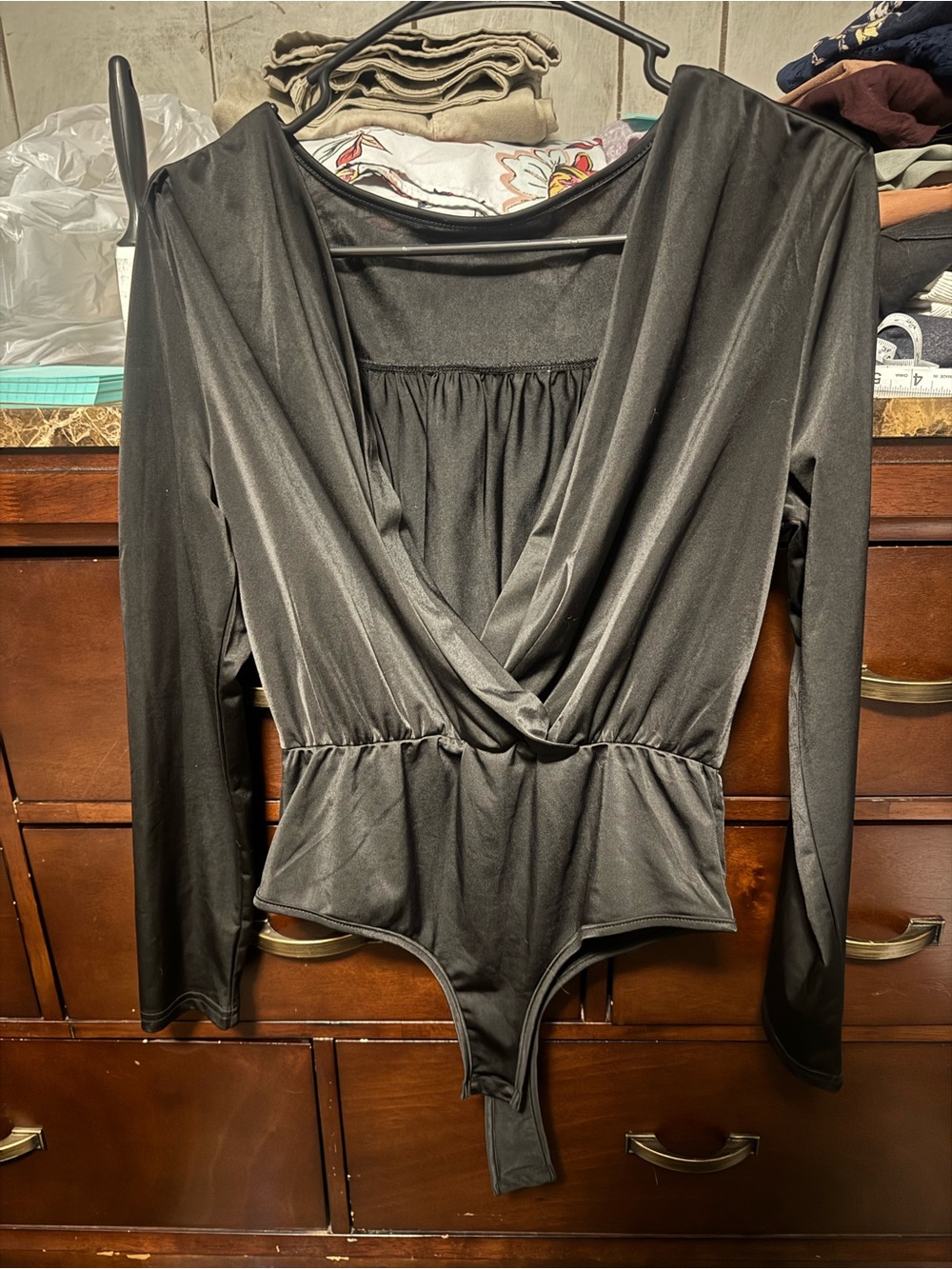 SHEIN Black Long Sleeve Deep V Front Bodysuit